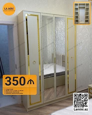 4 qapılı, Güzgülü, Bej, Açılan, Düz dolab