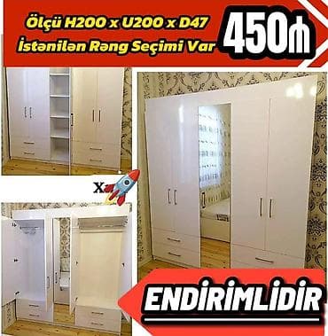 Yeni, 5 qapı, Güzgülü, Ağ, Digər material, Açılan, Düz dolab