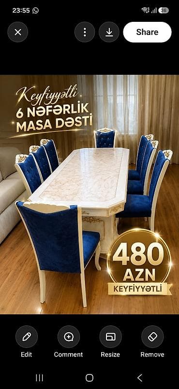 Keyfiyyətli 6 nəfərlik masa dəsti - Dəstə: 1 masa + 6 stul - Dizayn