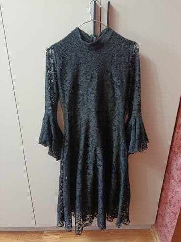 midi məxmər ətəklər: Qadın krujeva paltar - Rəng: qara - Material: tam krujeva üst qat — 3