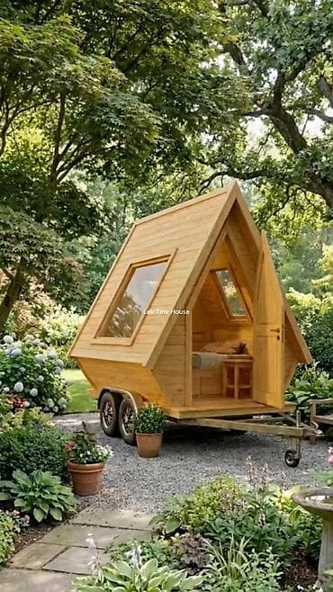 oturacaq uzlu: Taxta mobil “tiny house” – qoşqu üzərində A‑karkas mini ev — 1