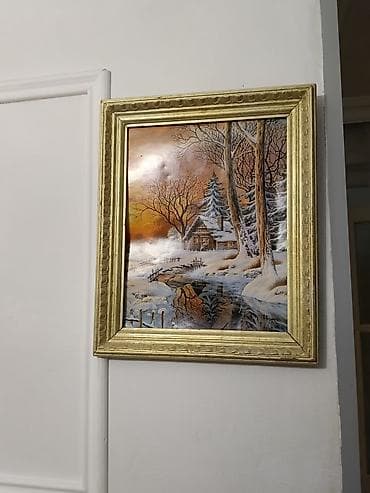 sine sekilleri: Rəsm tablosu – qış mənzərəsi - Mövzu: Gün batımı fonunda qarlı meşə — 2