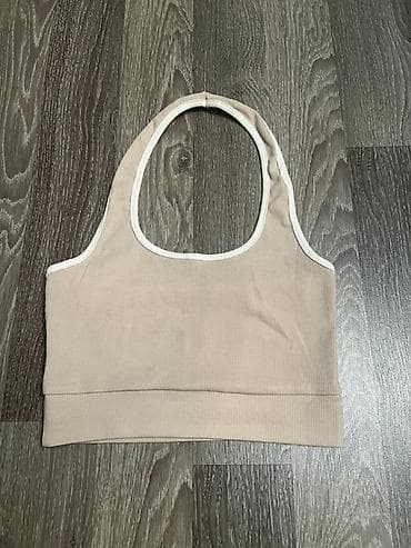 Qadınlar üçün ribli top – bej rəngdə - Stil: halter kəsimli, oval ön — 1