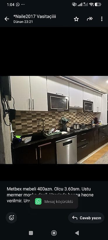 tel masa: Metbex mebeli 400azn. Olcu 3.60sm. Ustu mermer moyka daxil. Uzerinde — 1