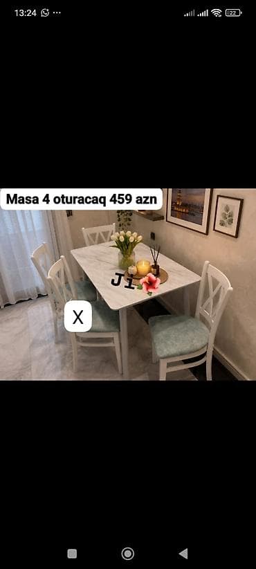 stol ustul: Mətbəx/dining dəsti – masa və 4 ədəd oturacaq. - Dizayn: klassik-ağ — 1