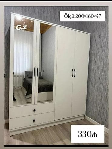 Yeni, 4 qapılı, Güzgülü, Ağ, Digər material, Açılan, Düz dolab