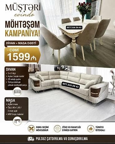 Divan + Masa Dəsti Paket məzmunu: - Künc divan: 3x2 ölçü, açılan və