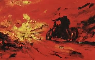 tablo: Abstrakt rəsm əsəri – “Motosikletçinin uçuşu” - Texnika: akril boya — 2