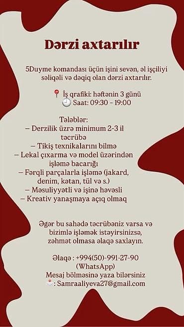 Dərzi tələb olunur, 1-2 illik təcrübə, Dəyişən qrafik