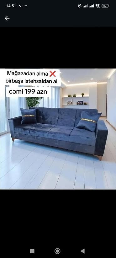 ofis divan: Məhsul: Yumşaq parça ilə üzlənmiş 3 nəfərlik divan - Rəng: Tünd mavi — 1