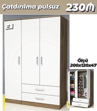 3 qapılı, Siyirməli, Ağ, Açılan, Düz dolab