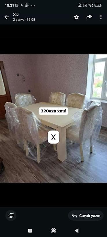 Mebel: Yemək otağı dəsti – 1 masa + 6 stul - Rəng: açıq krem/ağ ton - Masa — 1