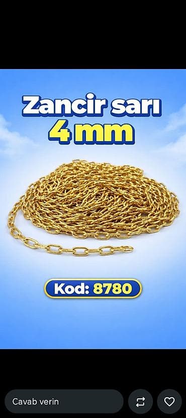 Zəncir – sarı rəng, 4 mm Kod: 8780 - Material: metal ərinti, qızılı