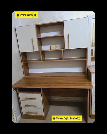taxta ref: İş masası və üst dolablı rəf sistemi - Material: ağ və taxta naxışlı — 1