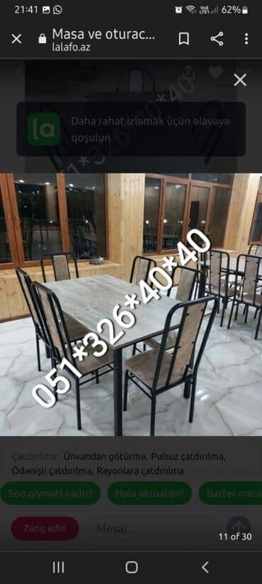 Masa və oturacaq dəstləri: Qonaq otağı üçün, Yeni, Dördbucaq masa, 6 stul — 13