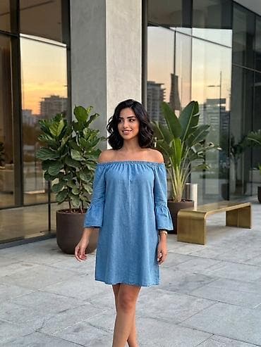 cins: Denim off-shoulder paltar - Model: açıq çiyin (off-shoulder) kəsim — 1