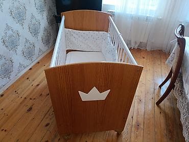 boru: Uşaq beşiyi – taxta karkaslı, təkərli model - Material: ağ və ağac — 2