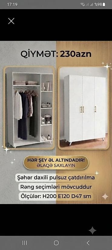 kunc divanlar ucuz: Məhsul: 3 qapılı paltar dolabı Dolab.H-200,E-120,D-47 Baki-Sumqayit — 1