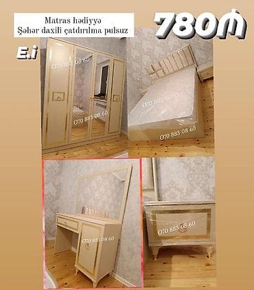 Yataq otağı üçün zərif mebel dəsti. Dəstə çarpayı, geniş qarderob