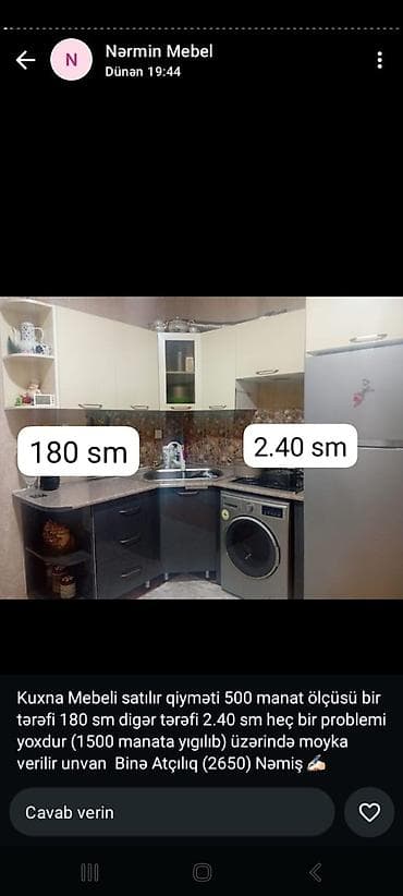 Kuxna Mebeli satılır qiyməti 500 manat ölçüsü 4.20 sm bir tərəfi 1.80 — 1