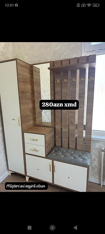 Dəhliz üçün çoxfunksiyalı asqılı və şkaf dəsti - Material: ağ-qəhvəyi
