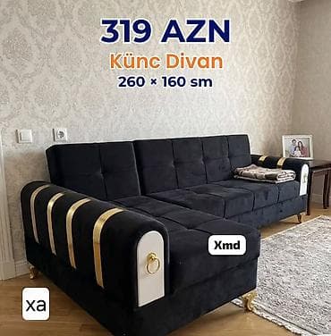 kunc divanlar 2022: Künc divan, 260 × 160 sm ölçüdə. Qara rəngli zərif dizayna malikdir — 1
