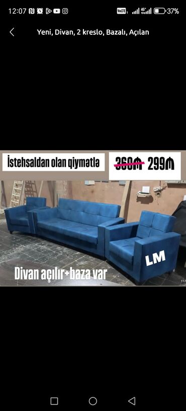 Yeni divan və iki kreslodan ibarət dəst. Divan açılır və içərisində
