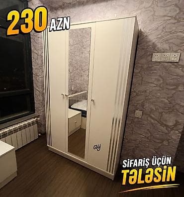 Mebel: Ağ rəngli 3 qapılı paltar şkafı - Ortada tam boy güzgü qapı - Hər iki — 1