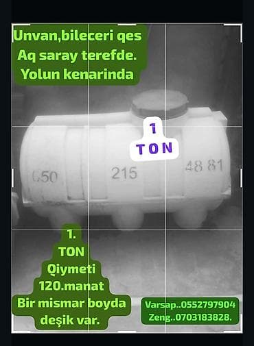 su ceni: 1 tonluq plastik su çəni - Tutum: 1 ton - Material: plastik (ağ — 1