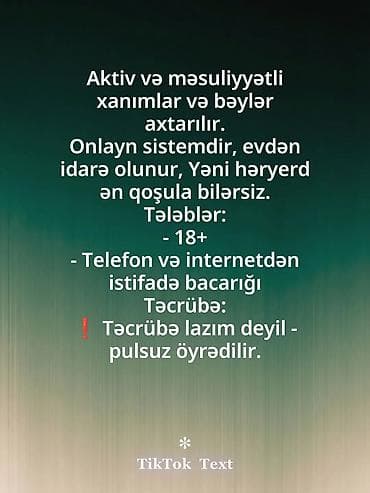 suruculuk telim: Çağrı mərkəzi operatoru tələb olunur, 18-29 yaş, Təcrübəsiz, Aylıq ödəniş — 1