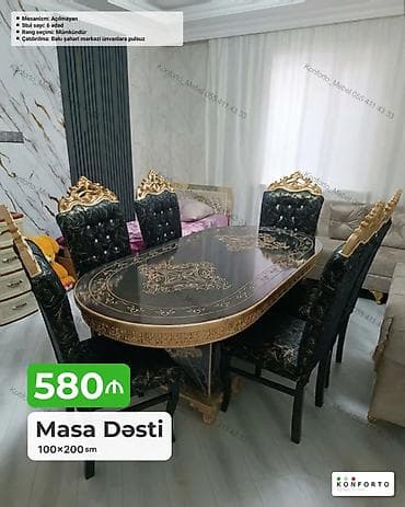 oturaca: Məhsul: Masa dəsti Ölçü: 100×200 sm Stul sayı: 6 ədəd Mexanizm — 1