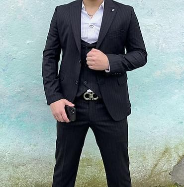 ev geyimleri ve qiymetleri: Kişi üçlük kostyum dəsti - Rəng: qara, incə şaquli zolaqlı — 1