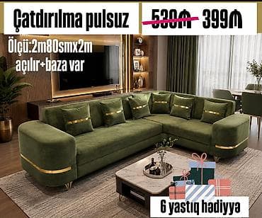acilan divan: Yaşıl L formalı künc divan - Ölçü: 2 m 80 sm x 2 m - Açılır — 1