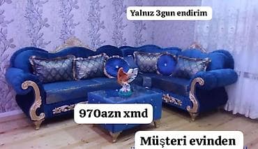Klassik üslubda L formalı künc divan dəsti - Zərif qızılı oymalar və