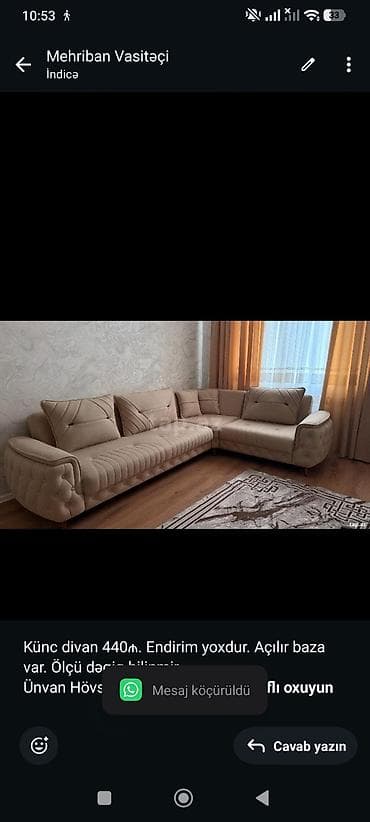 Künc divan 440₼. Endirim yoxdur. Açılır baza var. Ölçü dəqiq bilinmir