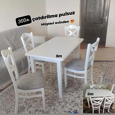metbex sekilleri: Ağ rəngli mətbəx masa və stul dəsti. Dəstə 1 ədəd düzbucaqlı masa və 4 — 2