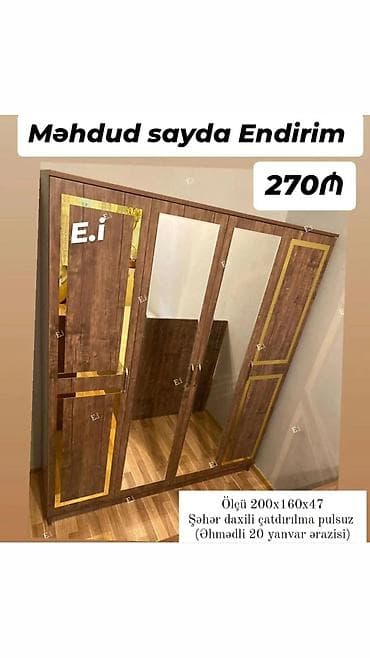 4 qapılı, Güzgülü, Qəhvəyi, Açılan, Düz dolab