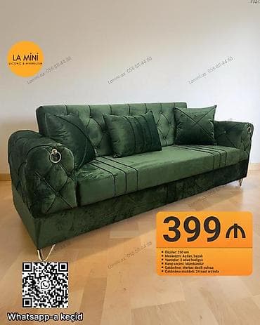 Zövqlü və funksional yumşaq mebel – zümrüd-yaşıl rəngli divan