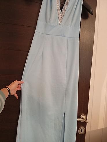 sitrin daşı: Açıq mavi rəngli uzun ziyafət/libas - Model: uzun, düz kəsim, alt — 1