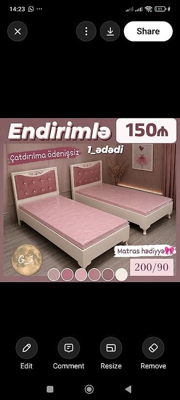 usag ucun: Məhsul: Tək nəfərlik çarpayı - Ölçü: 200 x 90 sm - Dəst: Çarpayı + — 1