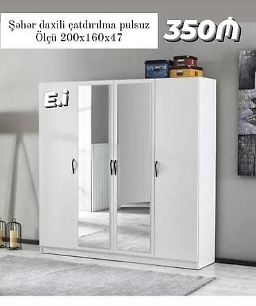 Ağ rəngli 4 qapılı paltar dolabı. - Ön hissədə iki ədəd tam ölçülü