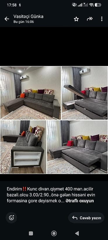 ps divan: Endirim‼️Kunc divan.qiymet 400 man.acilir bazali.olcu 3.00/2.90. önə — 1