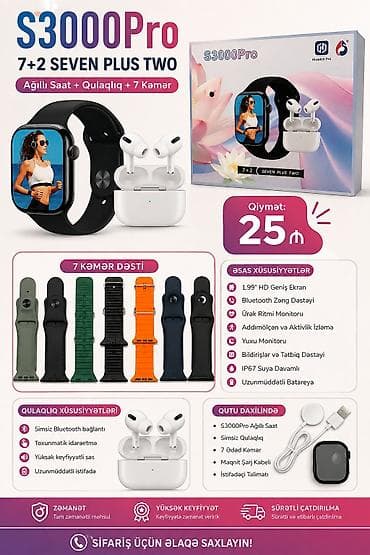 S3000Pro 7+2 Seven Plus Two dəsti – Ağıllı saat + Simsiz qulaqlıq + 7