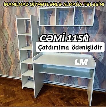 Ofis dəst mebeli: Ağ rəngdə funksional iş/stol dəsti - Geniş iş səthi olan masa - — 1