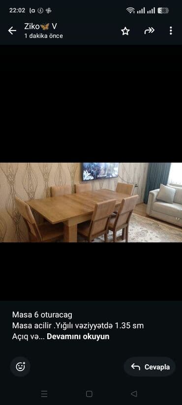 Masa 6 oturacag Masa acilir .Yığılı vəziyyətdə 1.35 sm Açıq vəziyyətdə