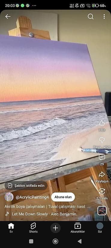 Akrilik rəsm əsəri – dəniz kənarında günbatımı kompozisiyası -