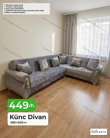 oturaca: Künc divan – 280×200 sm - Mexanizm: açılan, bazalı (yataq funksiyası — 1