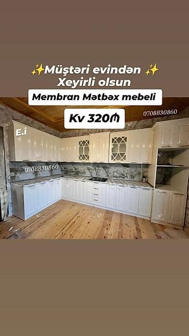 Membran mətbəx mebeli - Klassik üslubda, ağ rəngli L formalı dəst -
