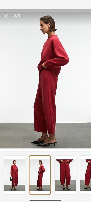 Qadın geyimləri: Qırmızı rəngdə qadın şalvar - Model: rahat kəsimli, düz siluetli, 7/8 — 3