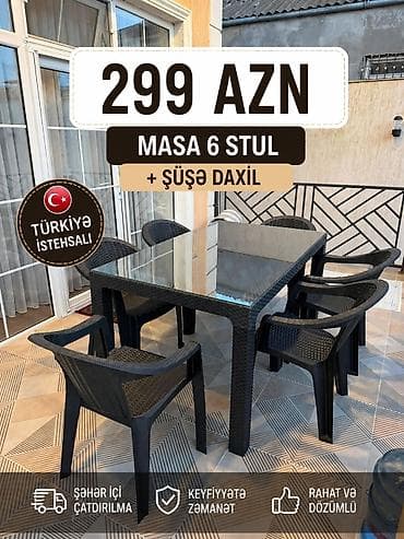 masa desti: Türkiyə istehsalı yemək dəsti – masa + 6 ədəd stul. Dəstə masanın — 1